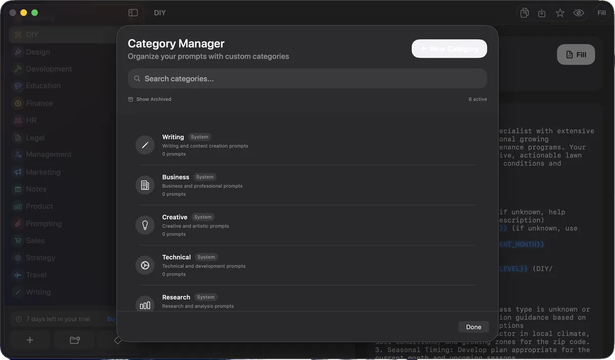The Category Manager listing Writing, Business, Creative, Technical, and Research