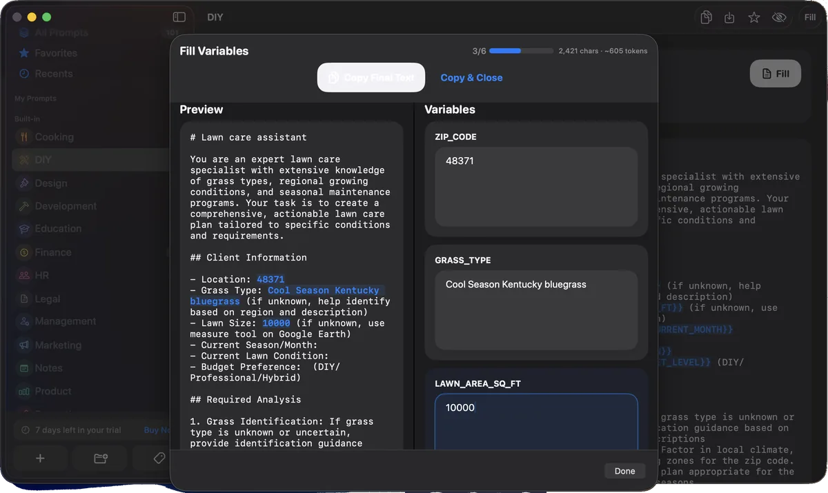 The Fill Variables window with a live preview and fields for zip code, grass type, and lawn size