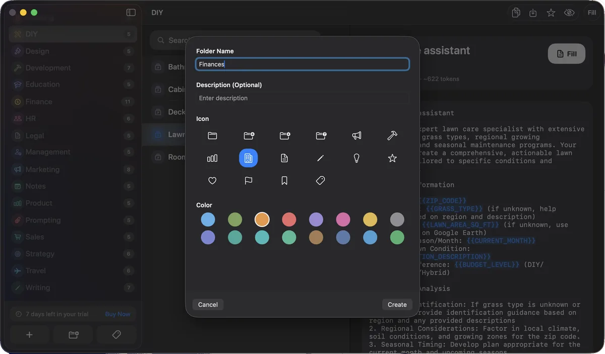 The new folder window, choosing an icon and a color for a folder named Finances