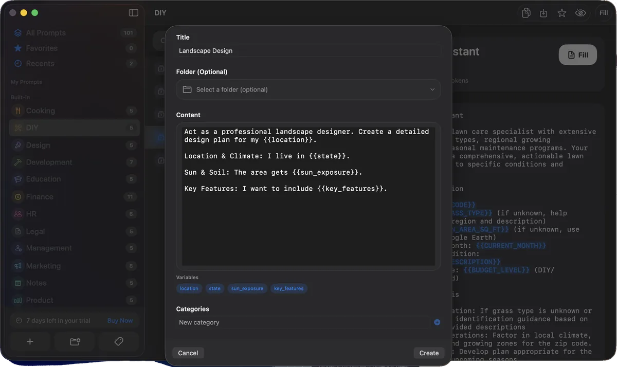 A new prompt named Landscape Design, with variables highlighted in the text